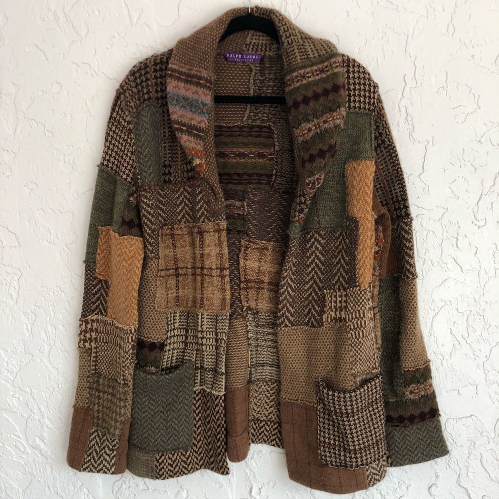 RALPH LAUREN COLLECTION Purple Label Patchwork Shawl-Collar Cardigan Size Medium - Picture 1 of 10